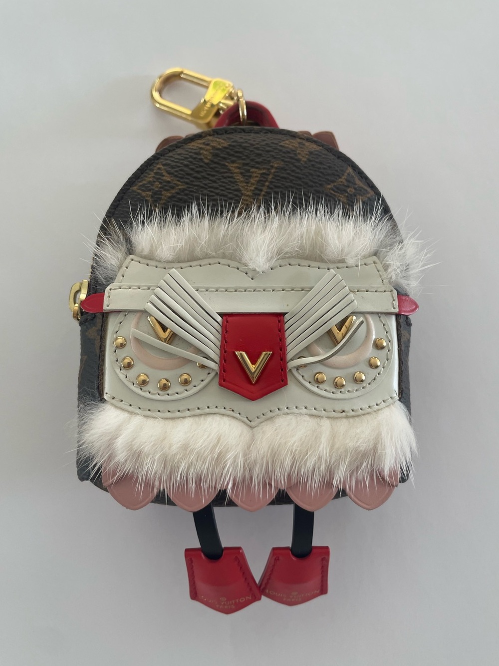 Authentic Louis Vuitton Monogram Micro Palm Springs Mink Owl Puppet Bag Charm
